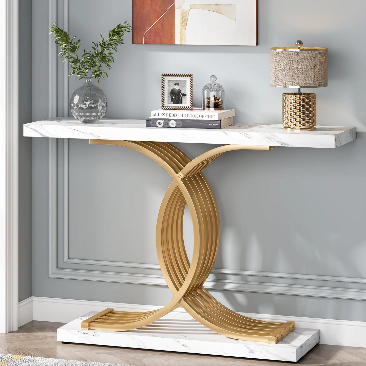 Tribesigns Contemporary Entranceway Console Table With Opulent Faux Marble Pedestals