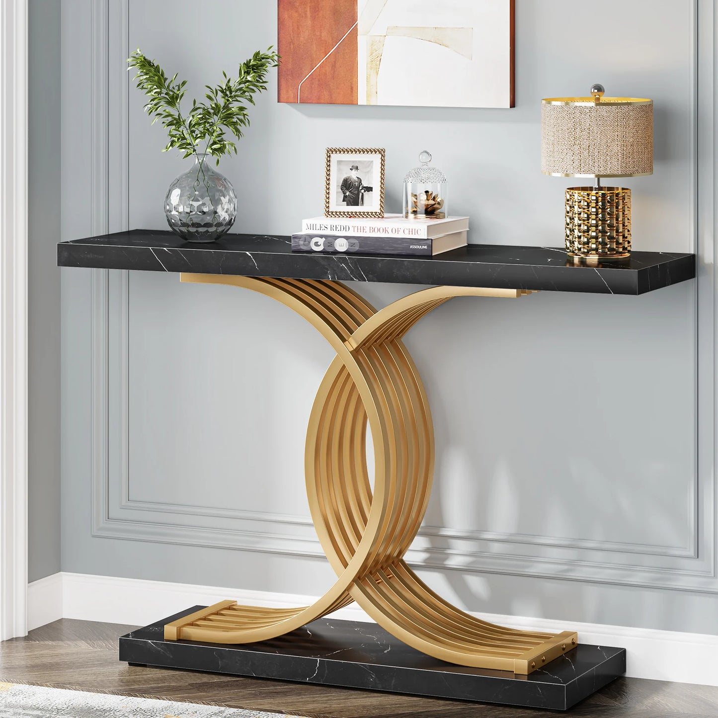 Tribesigns Contemporary Entranceway Console Table With Opulent Faux Marble Pedestals