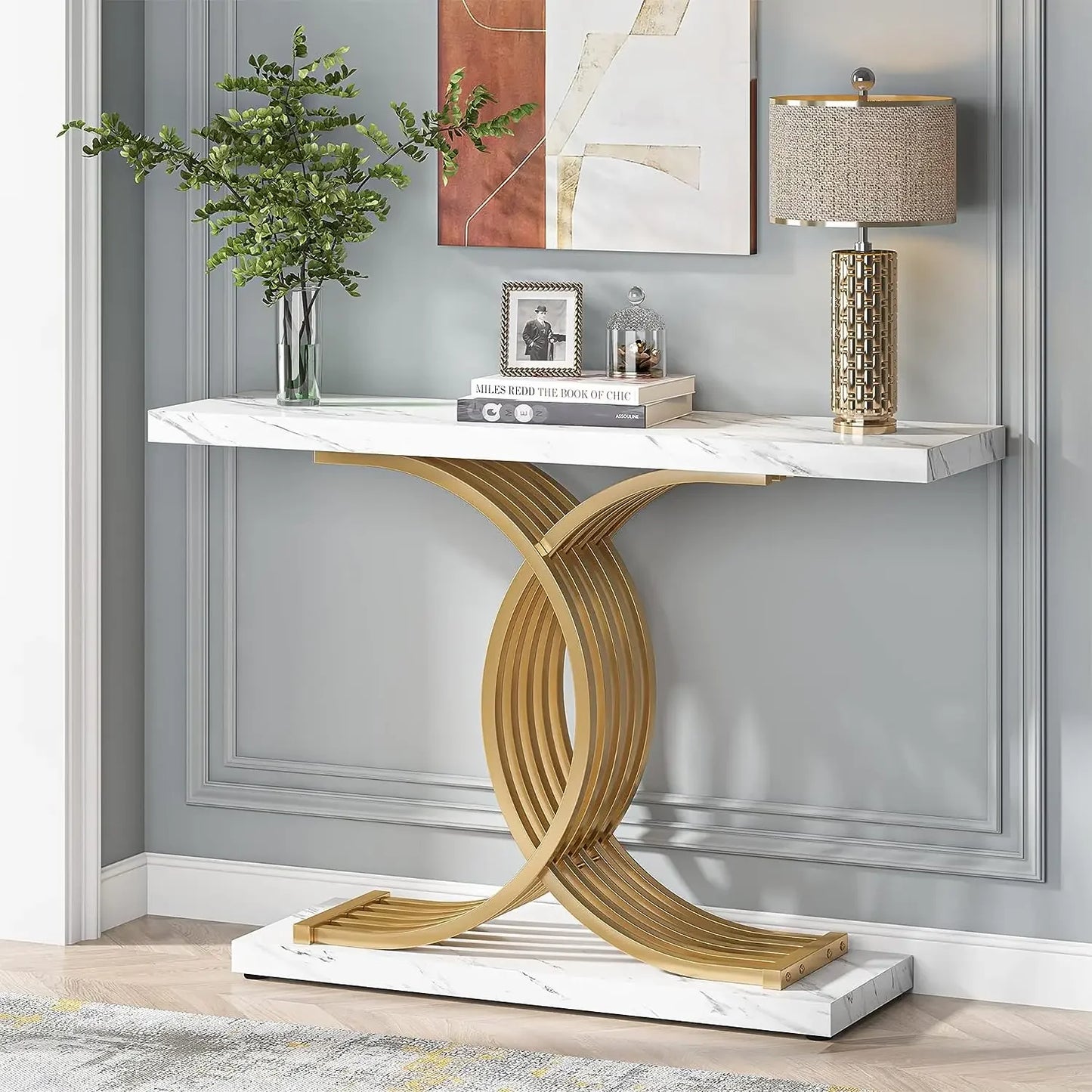 Tribesigns Contemporary Entranceway Console Table With Opulent Faux Marble Pedestals