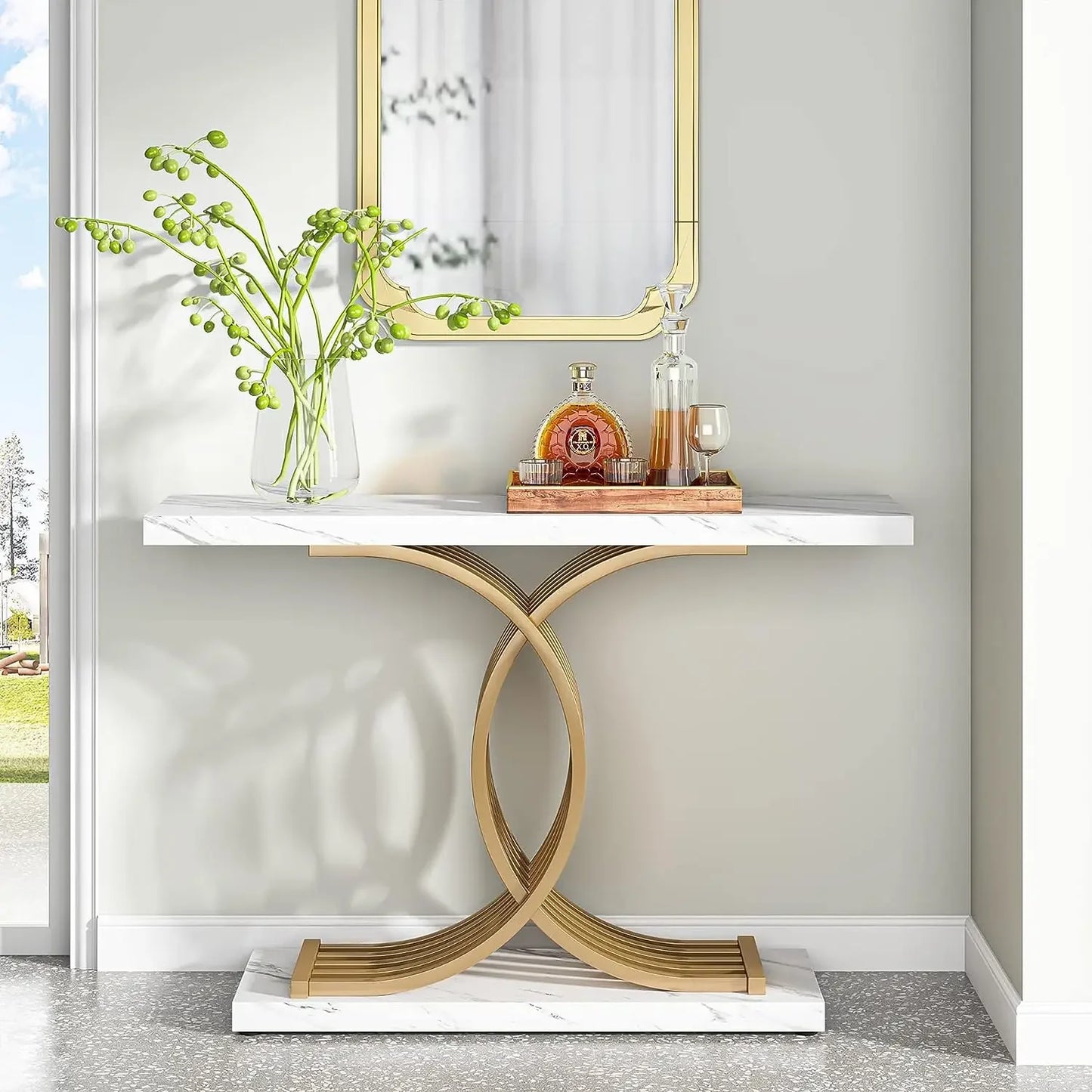Tribesigns Contemporary Entranceway Console Table With Opulent Faux Marble Pedestals