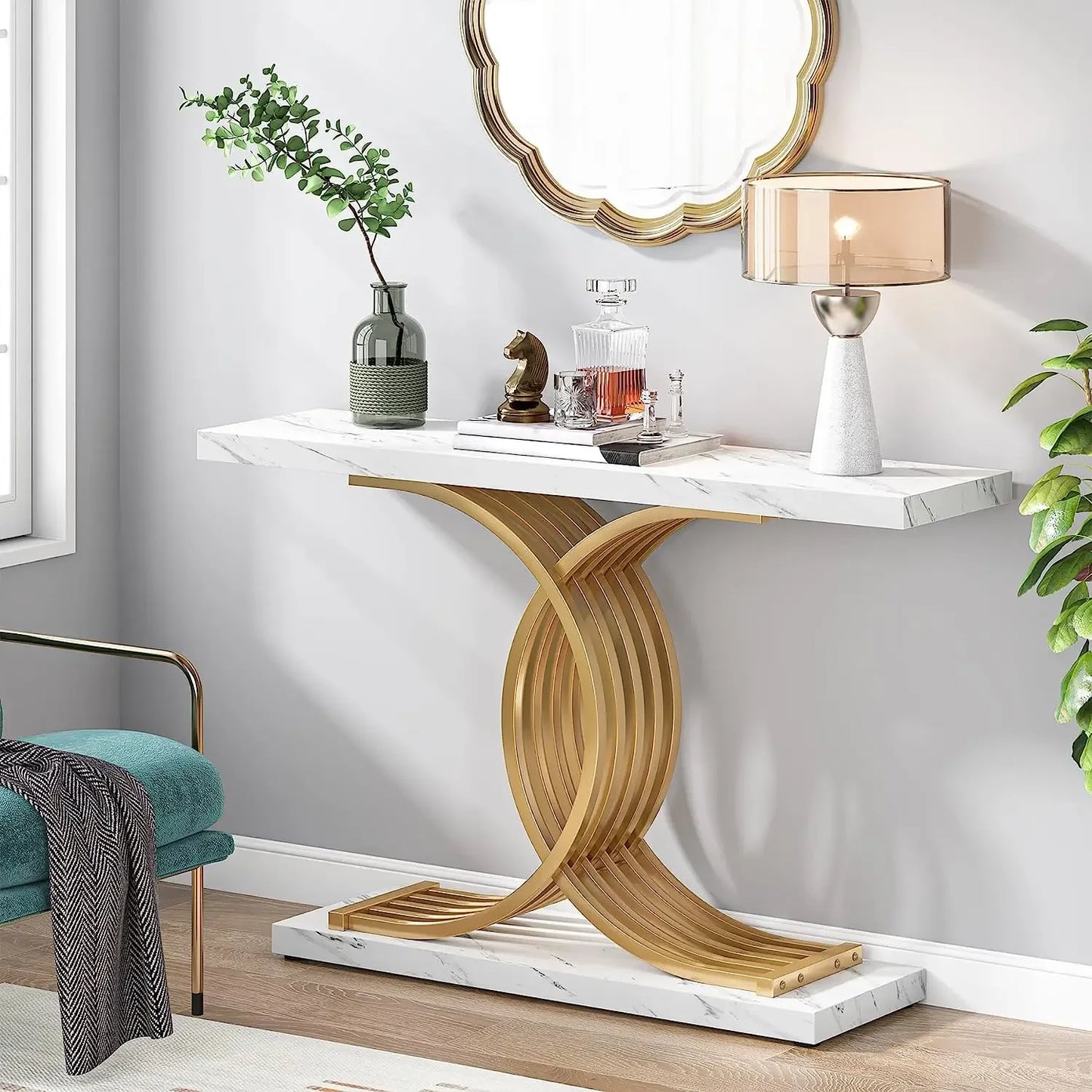 Tribesigns Contemporary Entranceway Console Table With Opulent Faux Marble Pedestals